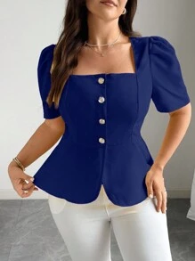 Elenzga Blus Elegan Lengan Pendek Kerah Persegi Warna Polos Kasual untuk Wanita Ukuran Besar - Royal Blue - View 4