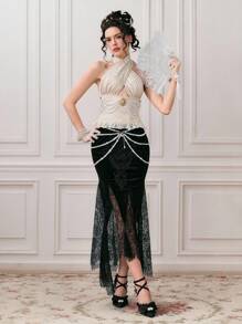 ROMWE EDITION Top de mujer con tejido jacquard vintage con decoración de perlas