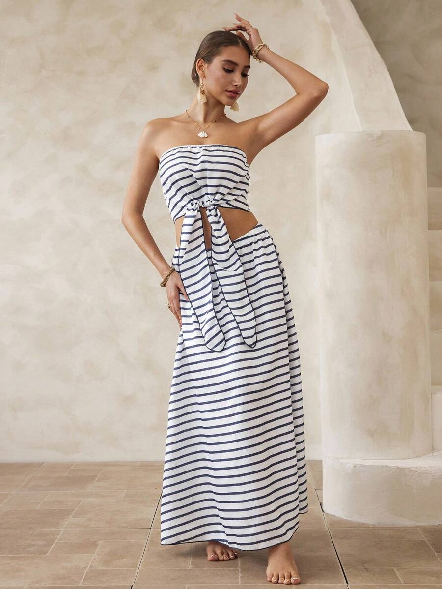 Swim Chiccia Set de 2 piezas para mujer de verano con top bandeau romántico y lindo, y falda a rayas, conjunto casual de vacaciones para la playa