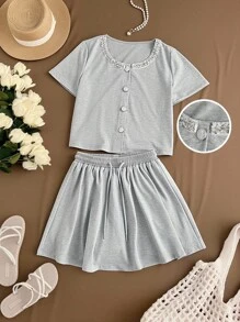 2pcs Set: Solid Color Front Button Short Sleeve Top And Drawstring Waist Shorts - Baby Blue - View 1