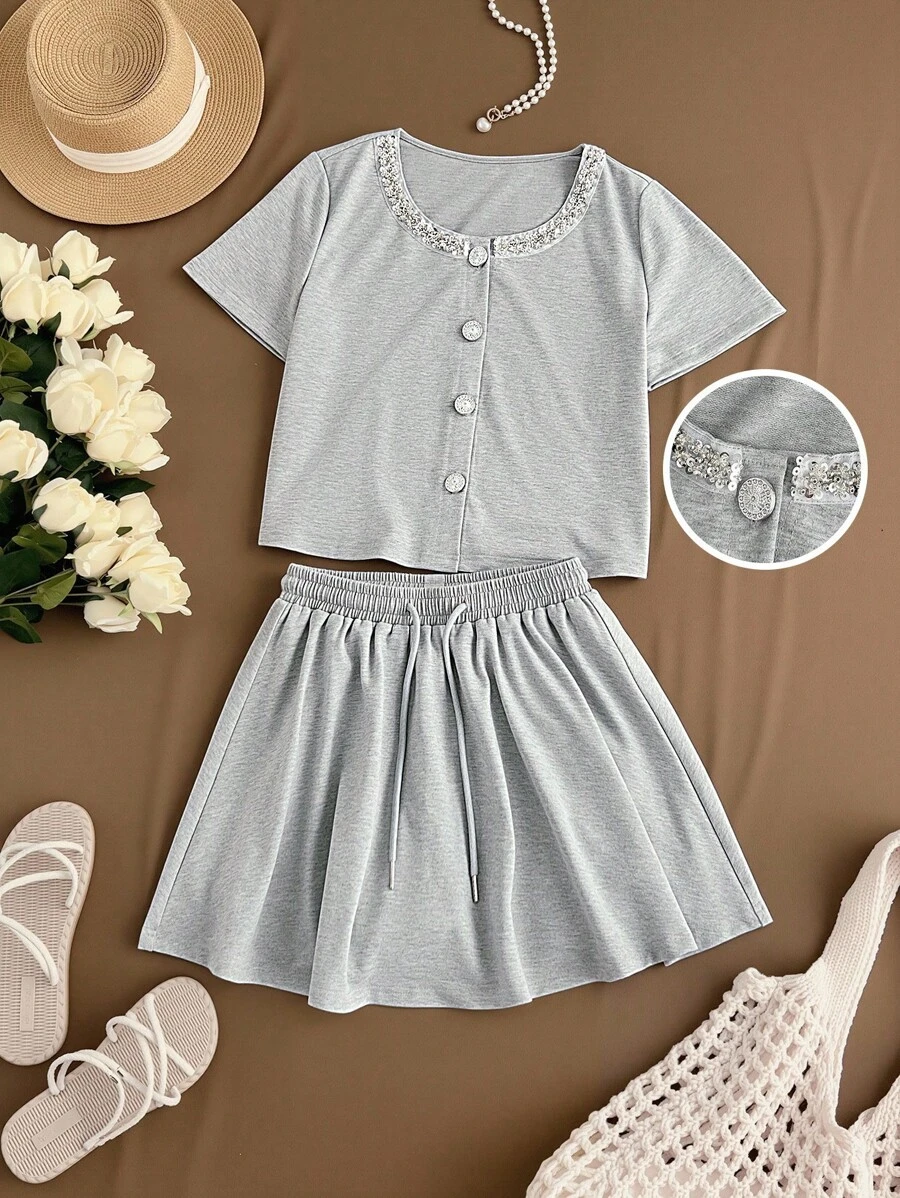 2pcs Set: Solid Color Front Button Short Sleeve Top And Drawstring Waist Shorts - Baby Blue - View 1