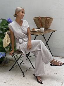 DAZY 2pcs Women Summer Minimalist Solid Color Textured Batwing Sleeve Top And Pants Set