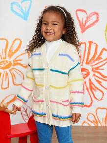 CutesyCutie 彩色条纹宽松休闲女童开衫毛衣，彩虹针织开衫，女童开衫毛衣，纽扣彩虹开衫，秋季毛衣，女童毛衣开衫，女童冬季开衫 - 米色 - 查看 6