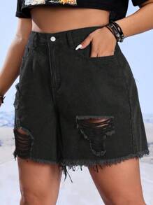 SHEIN PETITE CURVE Plus Size Women's Casual Summer Street Style Solid Color Raw Edge Ripped Wide-Leg Denim Shorts - Black - View 3