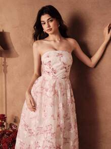 SHEIN Unity High-End Elegant Mesh Flocked Midi Strapless Summer Dress - Beige - View 3