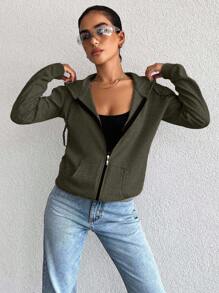 EURMUSE 100%Cotton Zip Up Long Sleeves Casual Drawstring Hoodie - Army Green - View 5