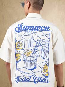 SUMWON Sumwon Social Club 复古餐厅图案男女通用宽松短袖纽扣衬衫夏季街头休闲都市时尚宣言度假风 - 杏色 - 查看 6