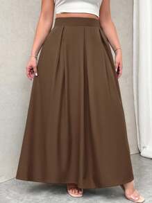 Firerie Plus Size Women Gray High Waist Long Pleated A-Line Skirt With Pockets, Elastic Waist, Back To School Spring To Summer - Khaki - View 6