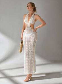CLARA VERO EURMUSE Deep V Neck Clevage Cut Out Detailed Crochet Hollow Out Backless Maxi Knitted Cover Up Dress For Summer Beach Vibes