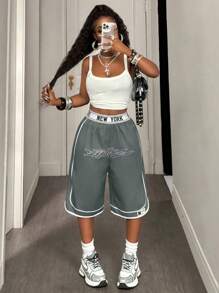 BamGleam 女士字母印花阔腿宽松休闲七分运动裤 - 灰色 - 查看 5