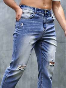 Manfinity VCAY 男士休闲破洞弹力锥形牛仔裤 - 藍色 - 查看 2