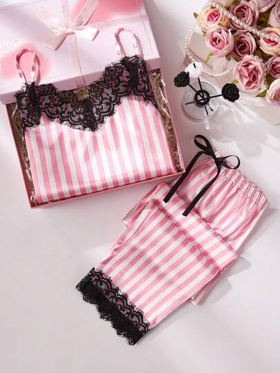 Girls 2pcs Pajamas Set, Elegant Lace Splice Striped Print Camisole And Long Pants With Bow Ribbon, Suitable For Home & Indoors, Summer
