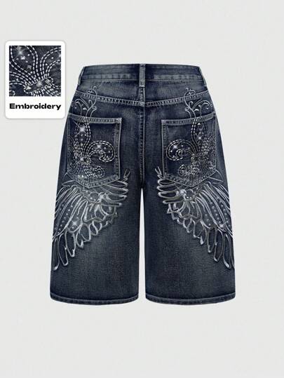 Grunge Punk Punk Street Culture Tokyo Street Style Loose Fit Women Denim Mid-Thigh Shorts With Embroidered Wing Sequins Decoration