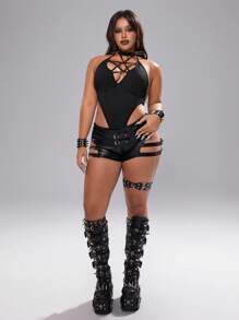 Whyspr بوديسوت نسائية مقاس كبير بطراز بنك مثيرة بلون سادة - الأسود - مشاهدة 5