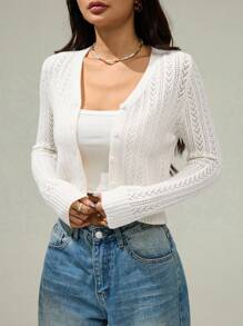 SHEIN PETITE Áo len cardigan dài tay đơn giản màu trơn cho nữ, Áo len dễ thương, Áo len cắt ngắn, Áo len đan, Quần áo thu đông, Váy vàng cho nữ, Áo dài tay - trắng - Xem 1