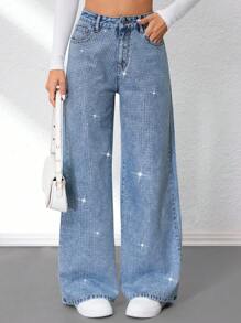 SHEIN Tall 女式 Y2k 休闲时尚钻石装饰口袋牛仔裤 返校秋季女装牛仔裤 - 藍色 - 查看 1