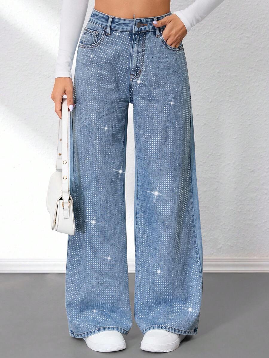 SHEIN Tall 女式 Y2k 休闲时尚钻石装饰口袋牛仔裤 返校秋季女装牛仔裤 - 藍色 - 查看 1