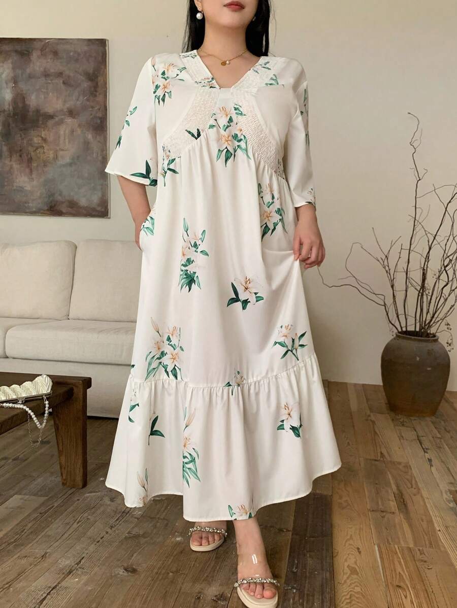 Modelyn Plus Size Women Floral Print V-Neck Short Sleeve Ruffle Hem Casual Dress - Multicolor - View 1