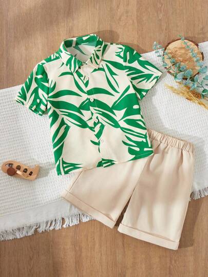 Blossori 男童乡村花卉印花短袖衬衫和短裤套装