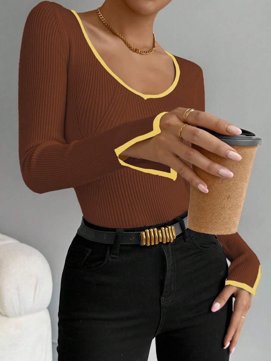 SHEIN LUNE Contrast Trim Cuff Slit Casual Fitted Women Sweater Knit Pullover Fall Winter - Multicolor - View 1