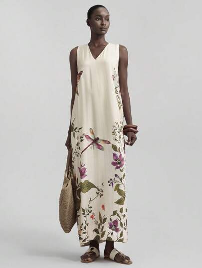 Ontre Women's New 2025 Autumn Returning To School Vintage 2000s Countryside Office Casual Date Night Airport Party Floral Print V-Neck Elegant Sleeveless Maxi Dress