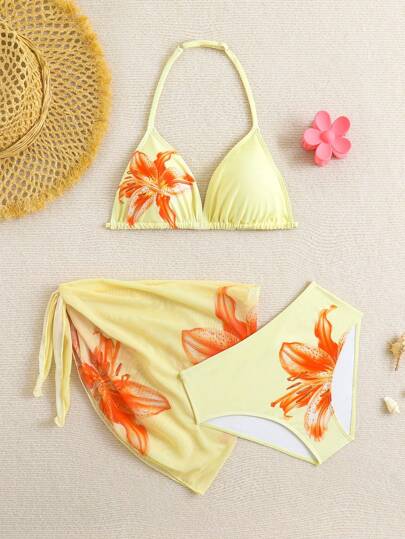 SHEIN Söt blommig bikiniset med halterneck och omlottkjol för tweenflicka (slumpmässigt tryck), gula baddräkter