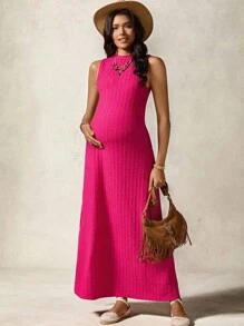 Boho Mama 孕妇时尚纯色高开叉无袖连衣裙，夏季 - 玫紅色 - 查看 3