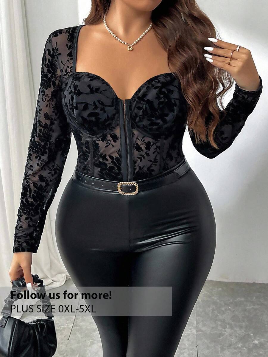 Firerie Bộ đồ liền thân dài tay họa tiết hoa thanh lịch, thoải mái, giản dị cỡ lớn dành cho nữ có gọng cúp ngực, thích hợp cho tiệc tùng, đêm hẹn hò, sự kiện - màu đen - Xem 1