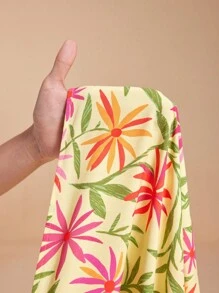 Miriam Omar Light Yellow Summer Floral Printed Viscose Pullover Mini Dress With Button Tie Lantern Sleeve - Multicolor - View 7