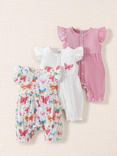 SHEIN 3 Stücke Baby Mädchen lässiger Schmetterling Muster Flügelärmel Playsuit Set mit Stirnband, süß und bequem