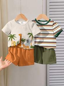 2件套儿童休闲圆领T恤和短裤套装，动物，卡通，儿童精选系列，日常基本款，快乐的孩子，柔和的色彩，骑行风格，家庭旅行，快乐的日子，我爱妈妈，我爱爸爸，可爱的家，酷酷的孩子，小男孩，适合夏天