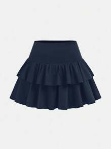 SHEIN Girlism 少女休闲装、运动装、学院风、返校装、黑色衬裙、层叠荷叶边下摆短裙、迷你裙、春夏季 - 藏蓝色 - 查看 6