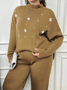 RueChic Women's Pearl Beaded Knit Sweater 2pcs/Set