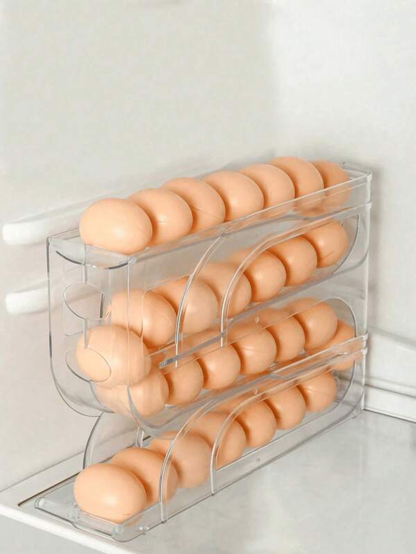 SHEIN 1pc Light Transparent 3/4-Tier Sliding Egg Dispenser, Automatic Rolling Shatterproof Holder For Fridge & Countertop, Easy-Clean, Washable, Industrial Food Supply Equipment,Space-Saving Refrigerator Side Door Storage Rack For Kitchen Organization,Egg Storage Box