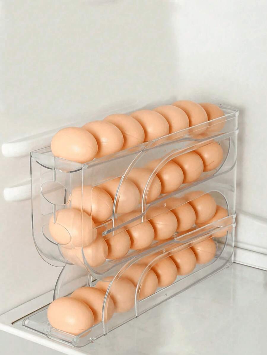 SHEIN 1 pieza Dispensador transparente de 3/4 niveles deslizante para huevos, soporte automático a prueba de roturas para refrigerador y encimera, fácil de limpiar, lavable, equipo de suministro industrial de alimentos, estante de almacenamiento en la puerta lateral del refrigerador para organización de la cocina, caja de almacenamiento de huevos