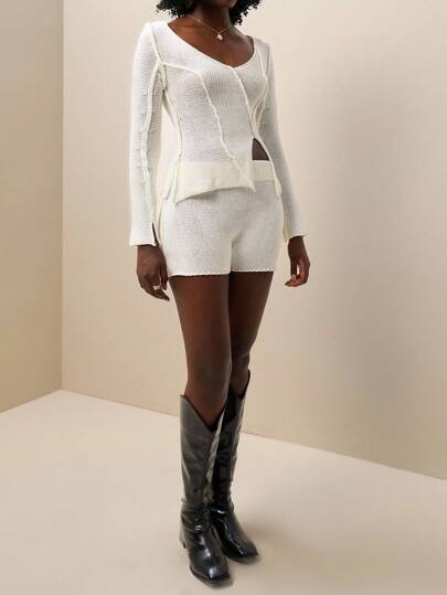 Zolique 女士毛衣针织长袖米色无领常规款式仿开衫修身性感度假海滩派对春夏秋季女装秋冬