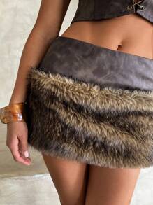 Aloruh Women's New Ultra-Low Waist Mini Skirt, Sexy Retro For Music Festival, Y2K Style, Washed PU Leather & Faux Fur Trim Mini Skirt ,Y2k Clothes