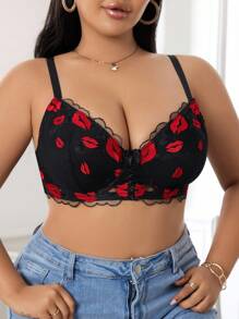 SHEIN 大码女士唇形蕾丝蝴蝶结装饰时尚文胸 - 黑色 - 查看 5