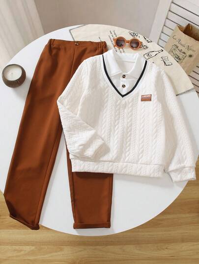 SHEIN Genkimix Kids 2 件套青少年男童休闲度假 Polo 领上衣 + 纯色裤子套装，适合日常穿着、上学、旅行、户外玩耍、春秋季返校季