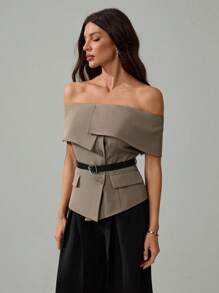 SHEIN Tall 女士单肩齐地优雅西装，收腰老款风格办公室仙女 - 卡其色 - 查看 8