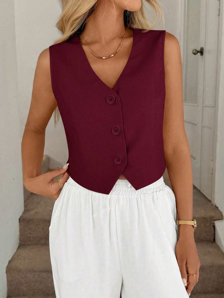 Easowa Women's Casual/Commuting Solid Color Front Button Sleeveless Shirt - Burgundy - View 1