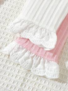Blossori 2pcs Toddler Baby Girls' Elegant Lace Hem Pants Set,Cute Pink And White Striped Ribbed Polyester Long Pants,Summer Holiday Everyday Basics - Multicolor - View 4