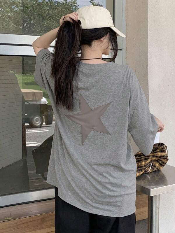 DAZY Women's Summer Round Neck Star Hollow Out Splice Loose Casual Short Sleeve T-Shirt