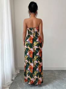 Selianne Digital Printed Strapless Cinched Waist A-Line Pleated Elegant And Romantic Holiday Dress For Women