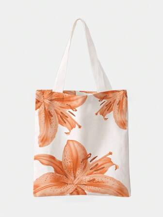 Kawaii Bolso de lona grande y reversible con estampado floral y un solo hombro, versátil para conmutar o de vacaciones