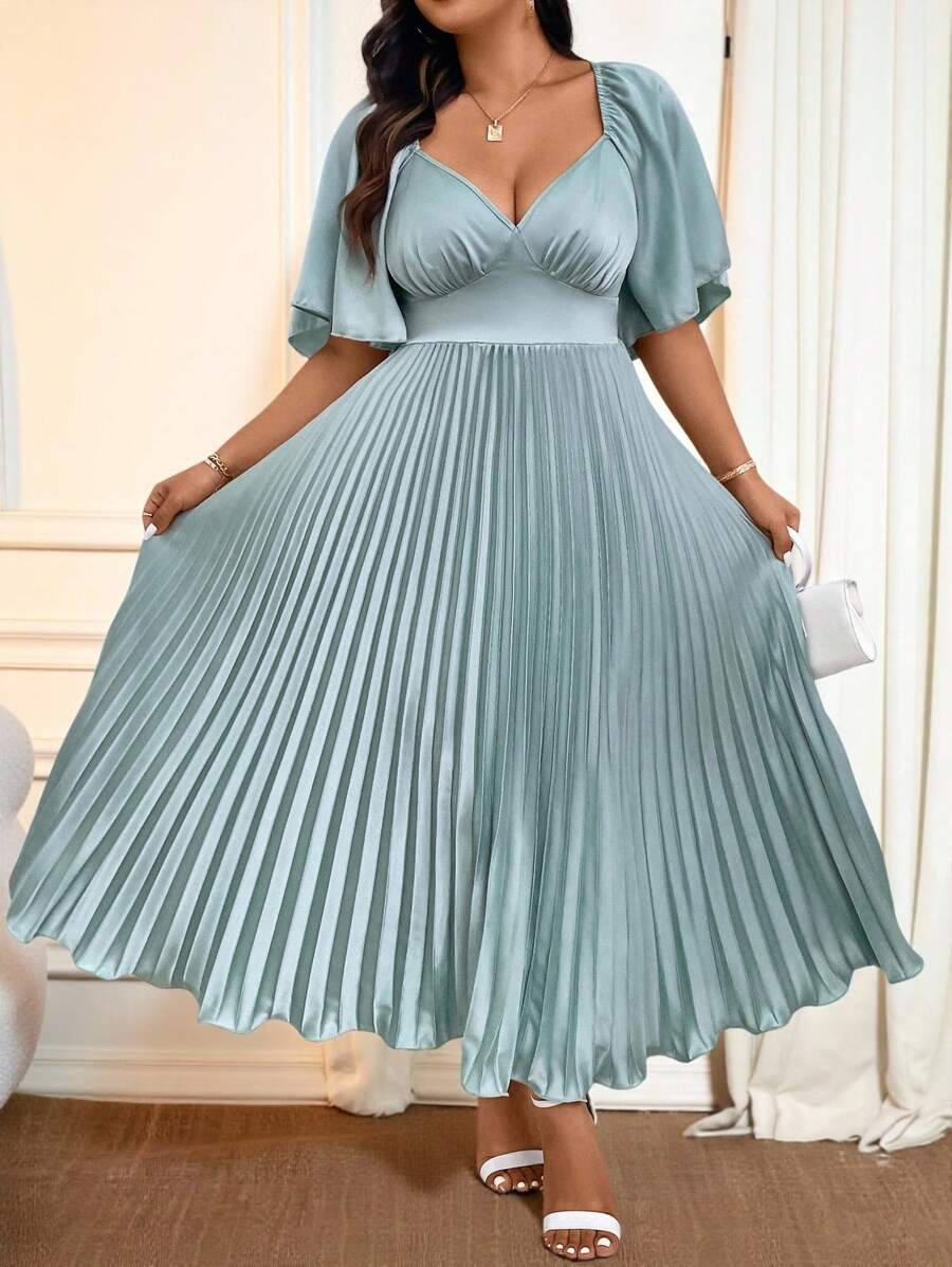 Cravure Váy midi xếp ly đơn giản và thanh lịch cỡ lớn có cổ chữ V sâu và tay áo nhún cho nữ - Màu xanh Bạc hà - Xem 1