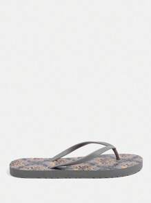 Grefit Women's Fashionable Grey Retro Floral Flip Flops - Grey - View 2