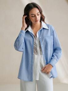 Anewsta Blusa de manga larga a rayas con parches de encaje 2 en 1 para mujer - Azul - Ver 3
