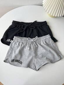 Muchica 2 件套女士字母印花图案系带腰部修身短裤套装，适合返校季，适合机场外出 - 彩色 - 查看 1