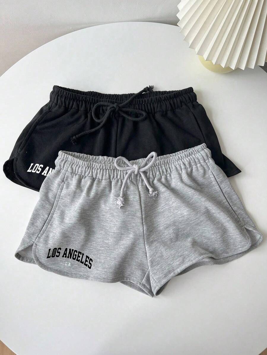 Muchica 2 件套女士字母印花图案系带腰部修身短裤套装，适合返校季，适合机场外出 - 彩色 - 查看 1